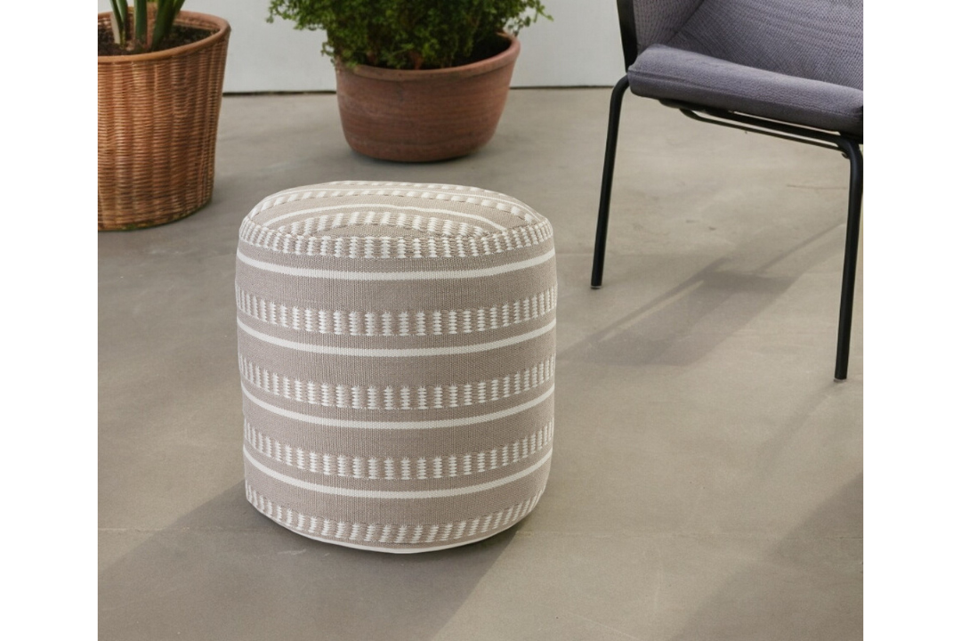 20" Polyester Round Striped Indoor Outdoor Pouf Ottoman in Brown