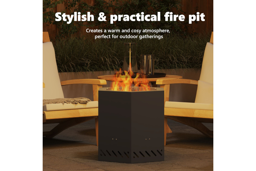 Stylish and Practical Smokeless Fire Pit Hexagonal 48 x 48 x 51 cm in Black Cold-Rolled Steel
