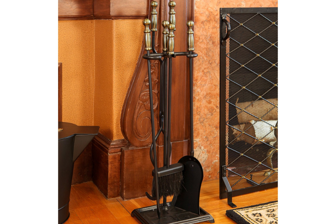 Westminster Fireplace Tool Set in Black and Brass – Cast Iron 4-Piece Hearth Tool Kit