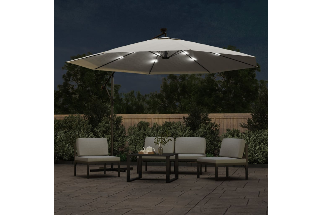 Cantilever Garden Parasol with LED Lights and Metal Pole 350 cm at Night in Sand