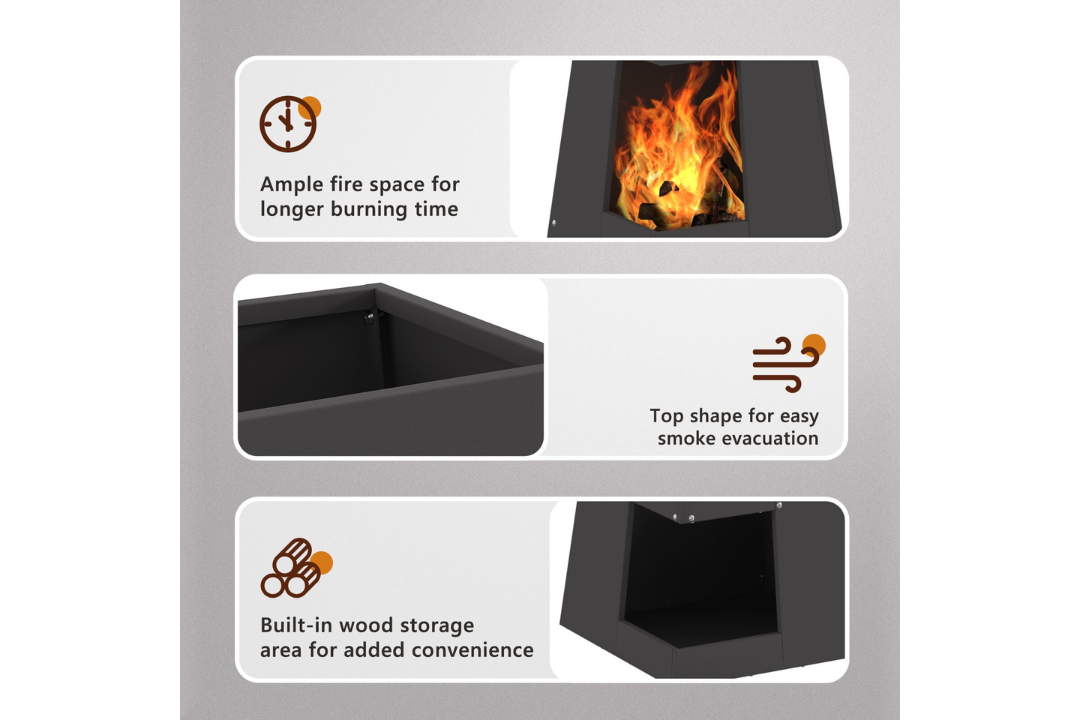 Fire Pit with Log Storage 35 x 35 x 100 cm in Black Cold-Rolled Steel Features