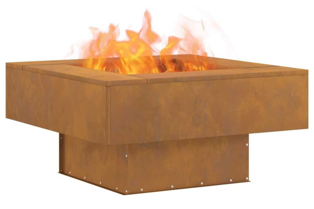 Square Fire Pit 80 x 80 x 40 cm in Rusty Brown Weathering Steel with Rich Patina