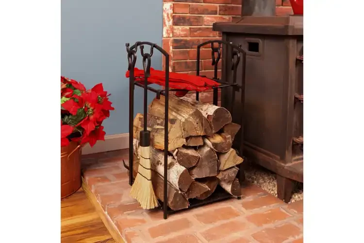 Mission Style Fireplace Wood Holder with Tools – Wrought Iron Firewood Rack