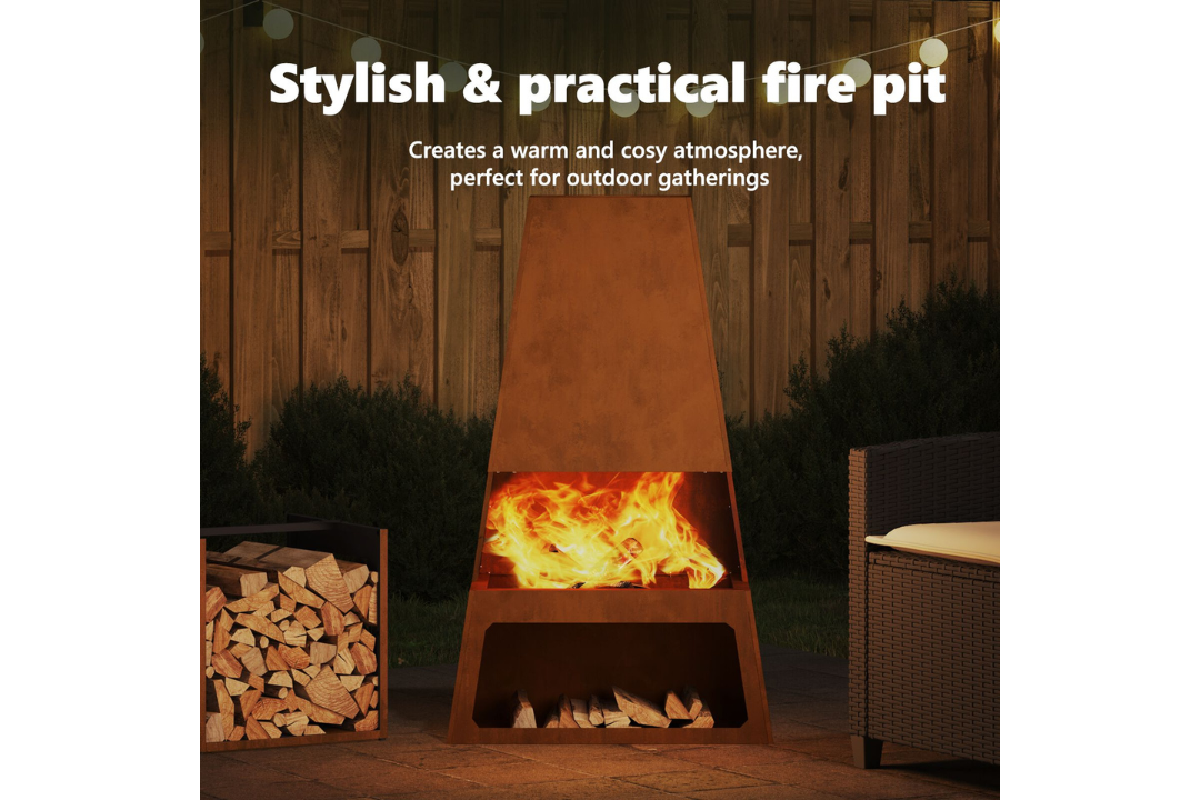 Stylish and Practical Fire Pit with Log Storage 60 x 35 x 100 cm in Rusty Brown Weathering Steel