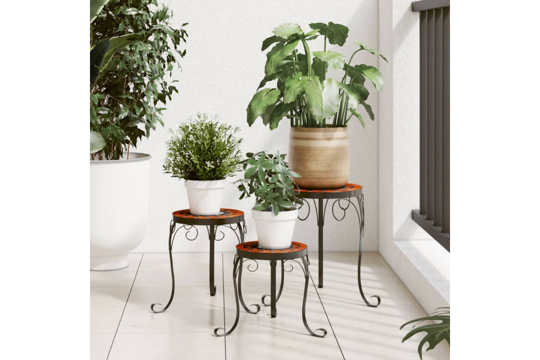 Plant Stands 3 Pcs Ceramic Mosaic – Mediterranean Style in Terracotta and White
