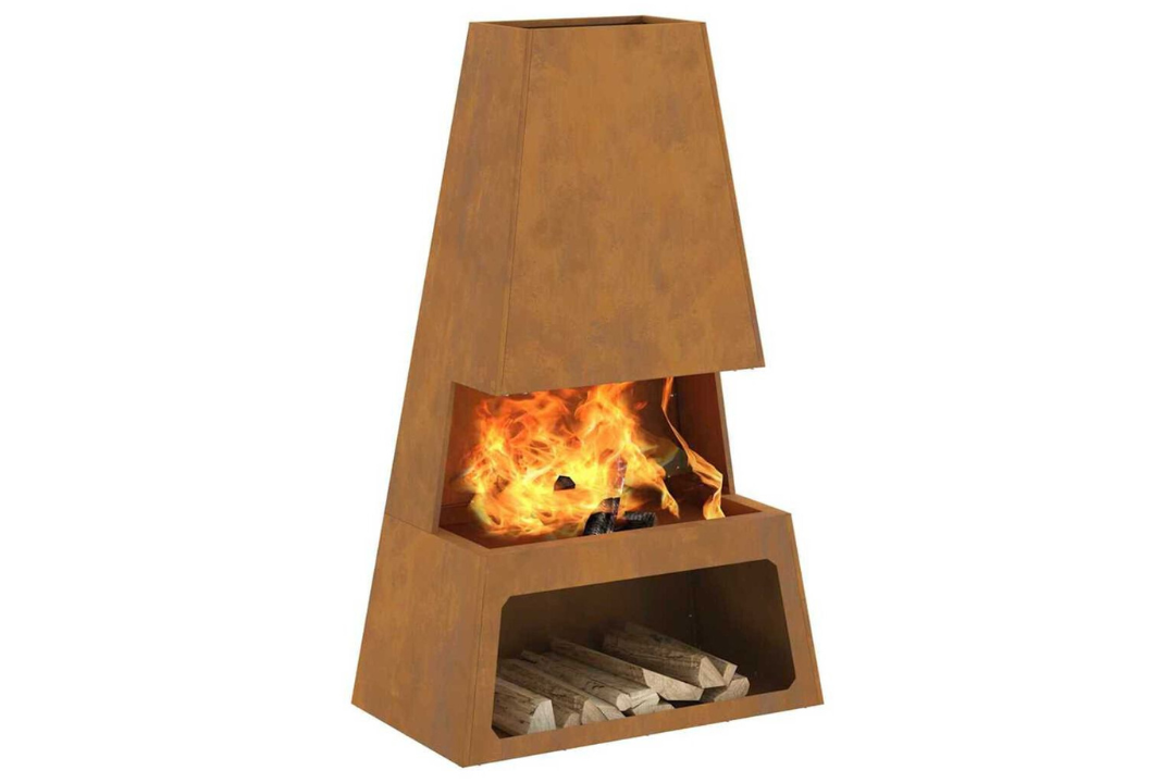 Fire Pit with Log Storage 60 x 35 x 100 cm in Rusty Brown Weathering Steel with Rich Patina