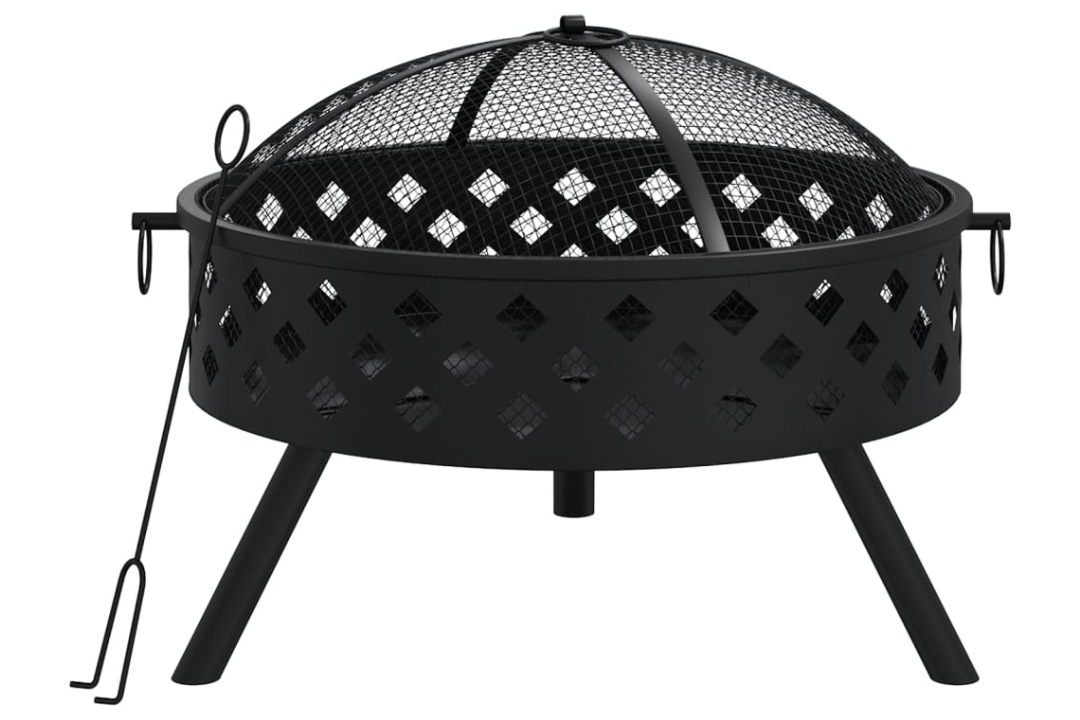 Sleek Fire Pit with Poker 58 cm XXL Steel Outdoor Garden Patio Fireplace
