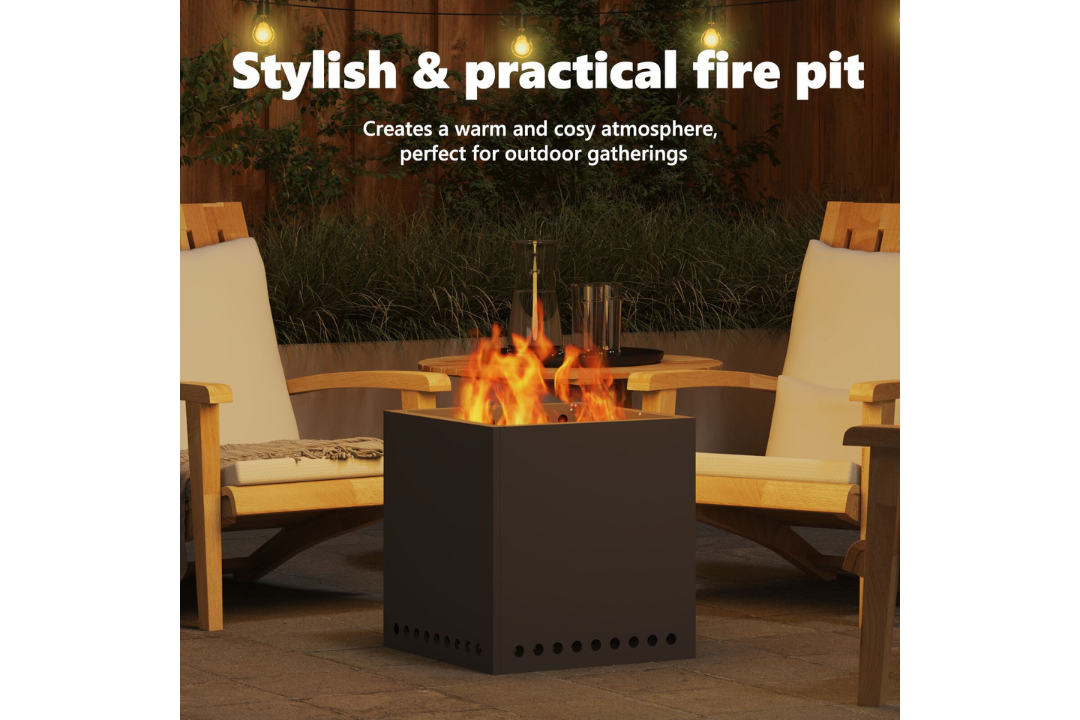 Stylish and Practical Smokeless Fire Pit Square 48 x 48 x 50 cm in Black Cold-Rolled Steel