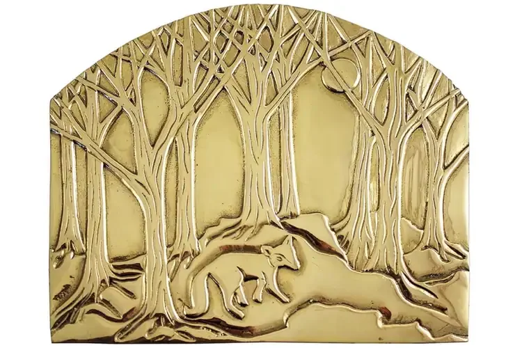 Emblem Flat Fireplace Screen in Forest Fox Polished Brass Finish