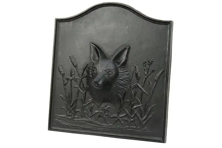 Fox Fireback – Cast Iron Fireplace Backplate with Woodland Fox Design in Matte Black Powder Coated Finish