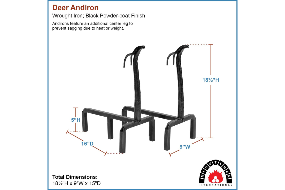 Deer Andirons – Wrought Iron Fireplace Log Holders with Graphite Finish Specifications