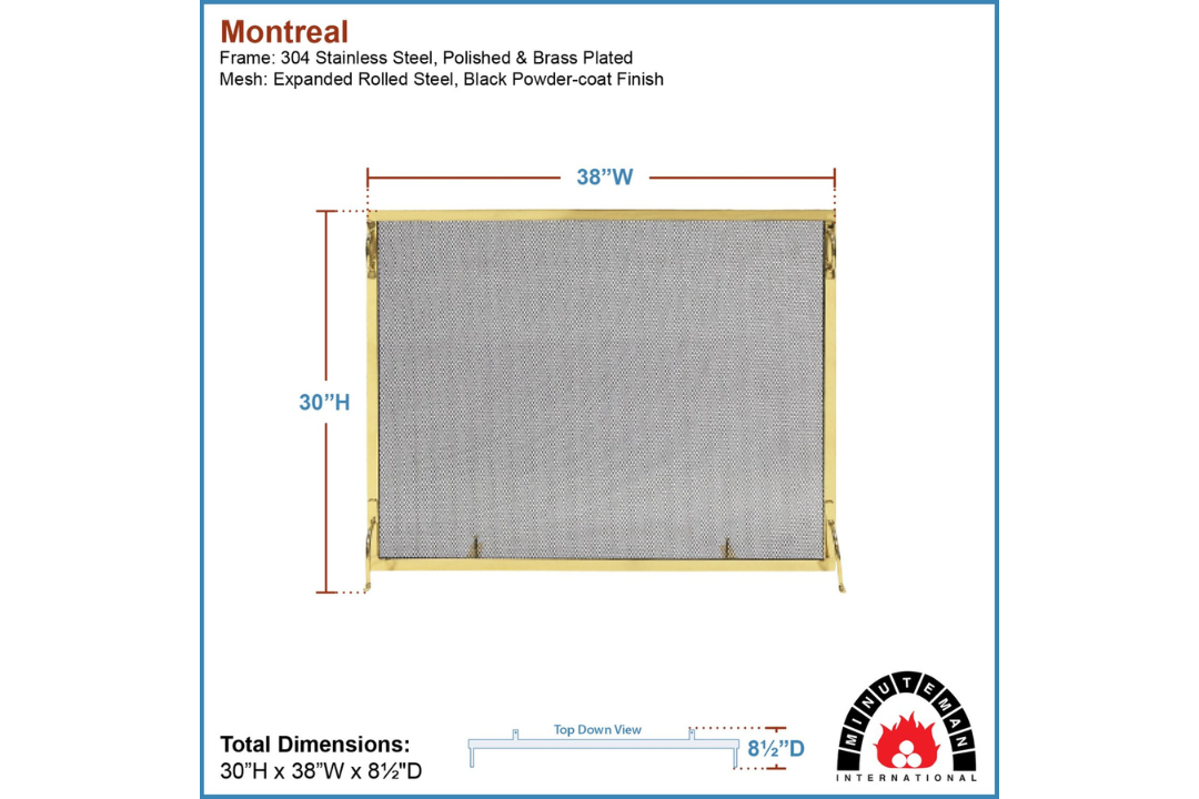 Montreal Fireplace Screens – Polished Brass in 38" x 30" Specifications