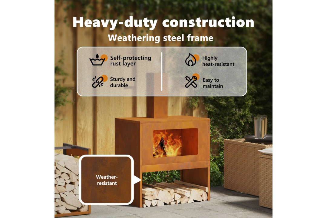 Heavy-Duty Fire Pit with Chimney 60 x 40 x 96 cm in Rusty Brown Weathering Steel