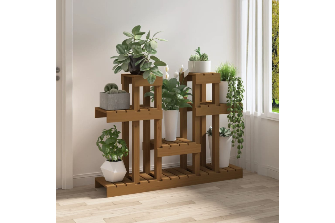 Plant Stand Multi-Tier Shelf for Indoor & Outdoor Plants 104.5x25x77.5 cm Made of Solid Wood Pine in Honey Brown