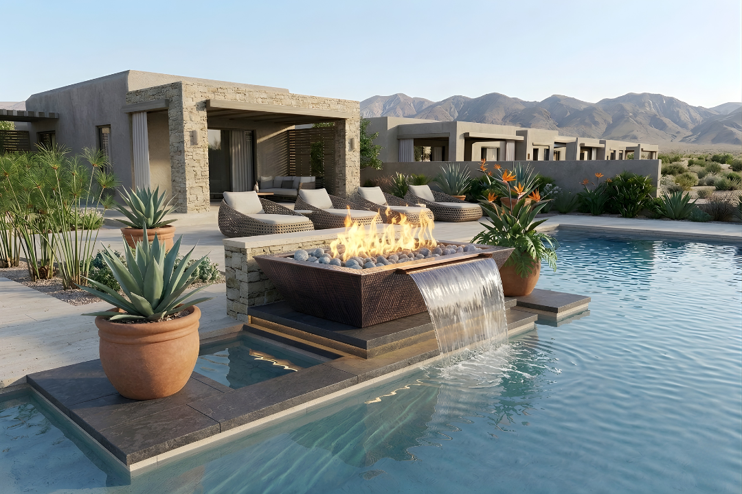 The Outdoor Plus 48" Linear Maya Copper Fire & Water Bowl