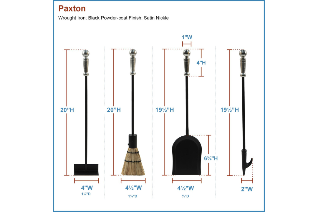 Paxton 4-Piece Mini Fireplace Tool Set in Black and Satin Nickel – Cast Iron with Decorative Handles Tool Set Details