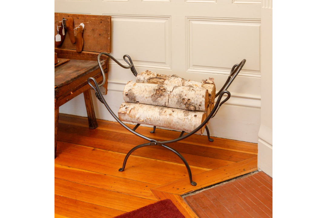 Folding Wrought Iron Log Holder with Suede Firewood Carrier – Leaf-End Design