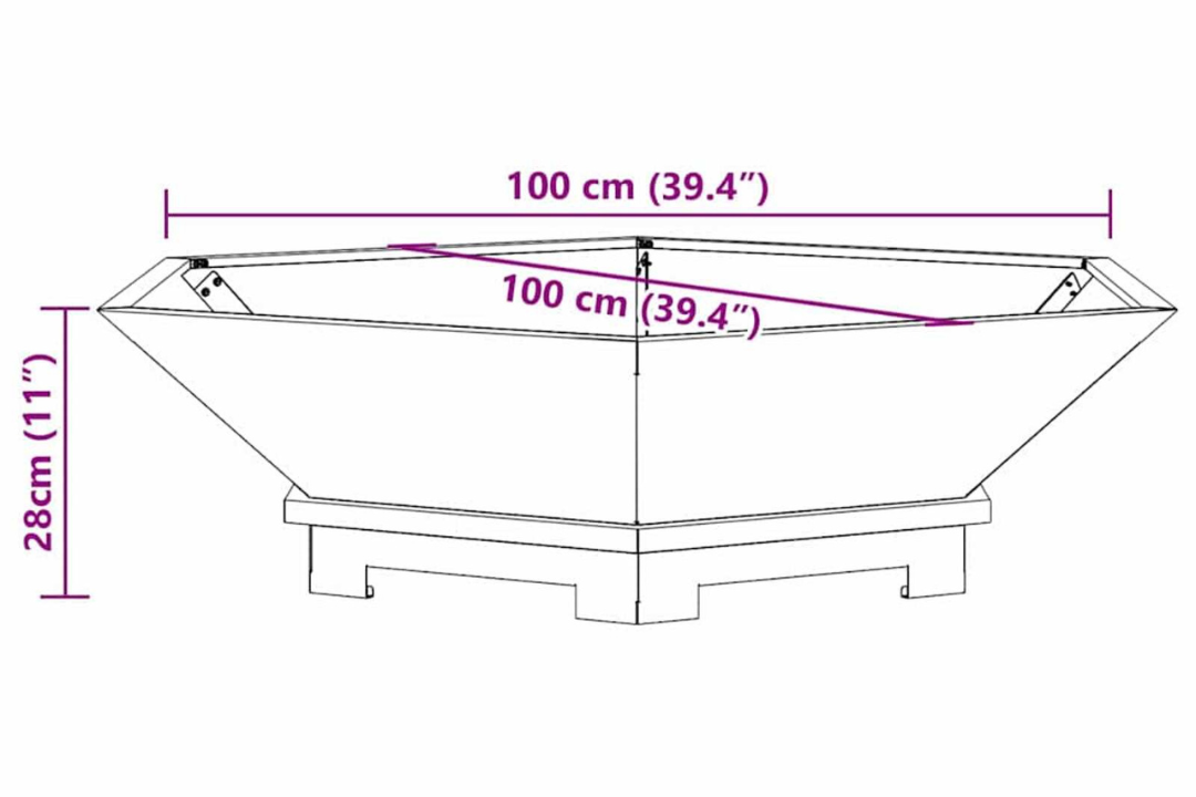 Fire Pit Hexagonal Black Cold-Rolled Steel – Outdoor Wood Burning in 100 x 100 x 28 cm Specifications