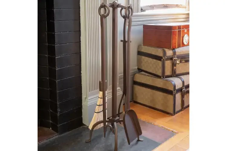 English Country Fireplace Tool Set in Roman Bronze Made of Wrought Iron
