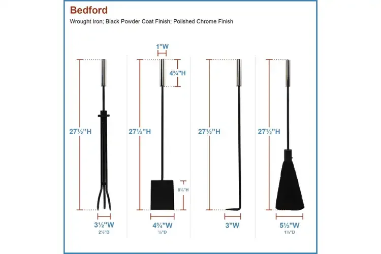 Bedford Fireplace Tool Set in Black and Polished Chrome Tool Set Details