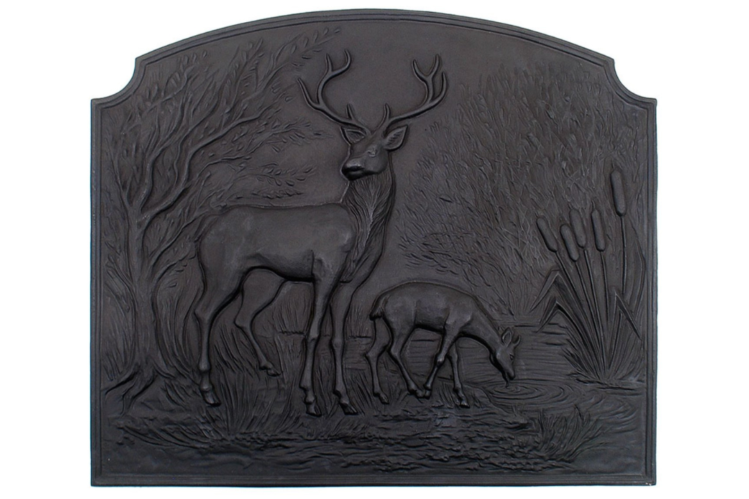 Deer Fireback – Cast Iron Fireplace Insert with Stag and Doe Woodland Scene