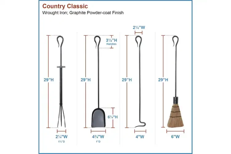 Country Classic Fireplace Tool Set – Wrought Iron, Graphite Finish, 33"H Detailed Information