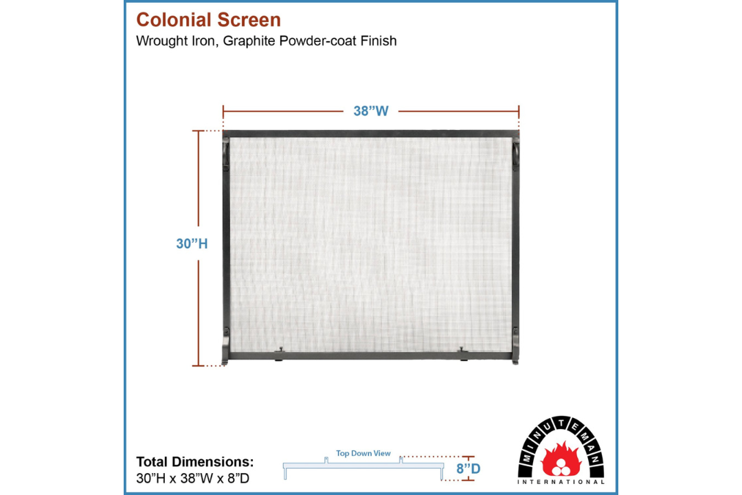 Colonial Flat Fireplace Screens – Wrought Iron, Graphite Finish in 38 x 30 Specifications