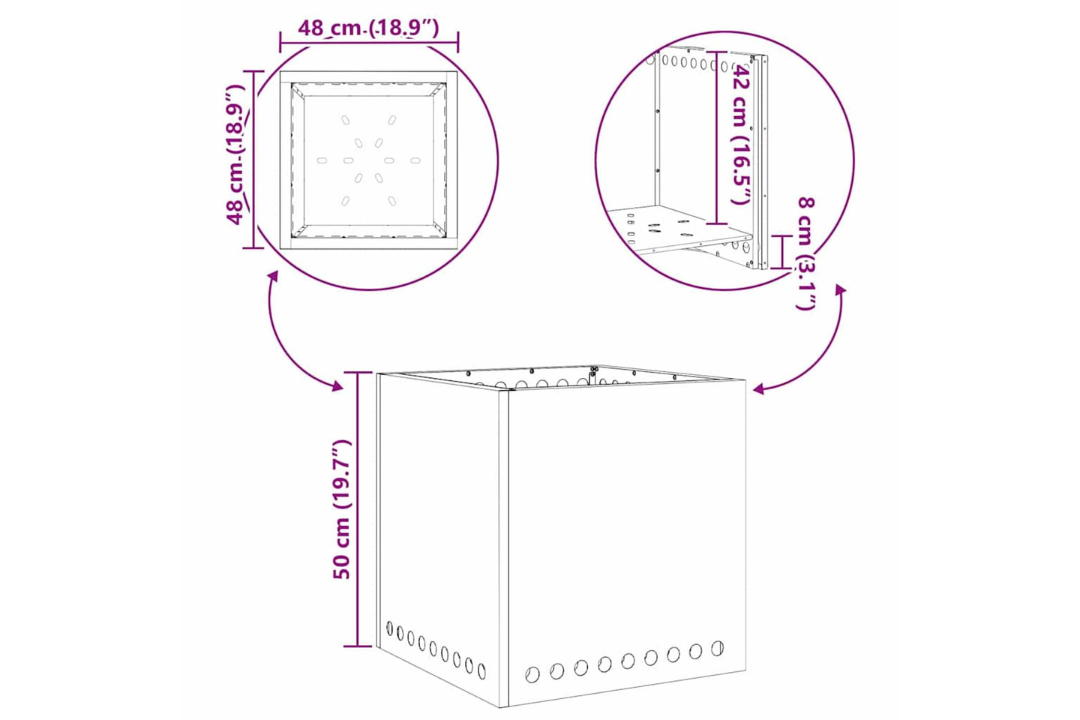 Smokeless Fire Pit Square 48 x 48 x 50 cm in Rusty Brown Weathering Steel Specifications