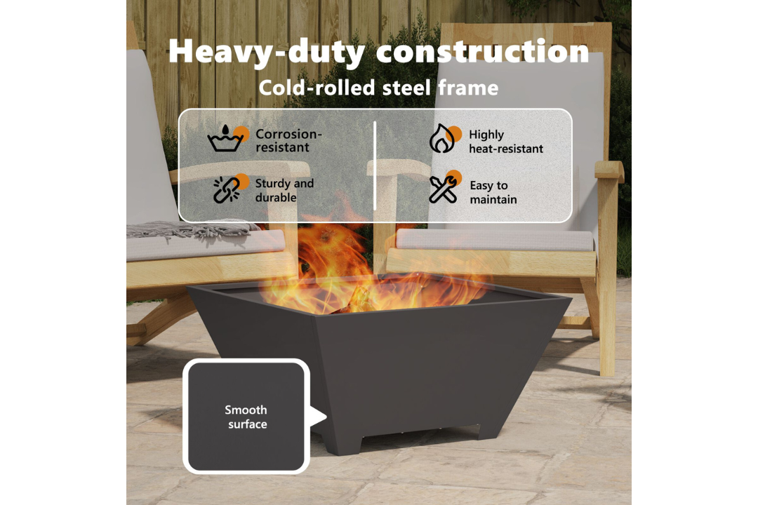 Heavy-Duty Fire Pit Square 60 x 60 x 30 cm in Black Cold-Rolled Steel