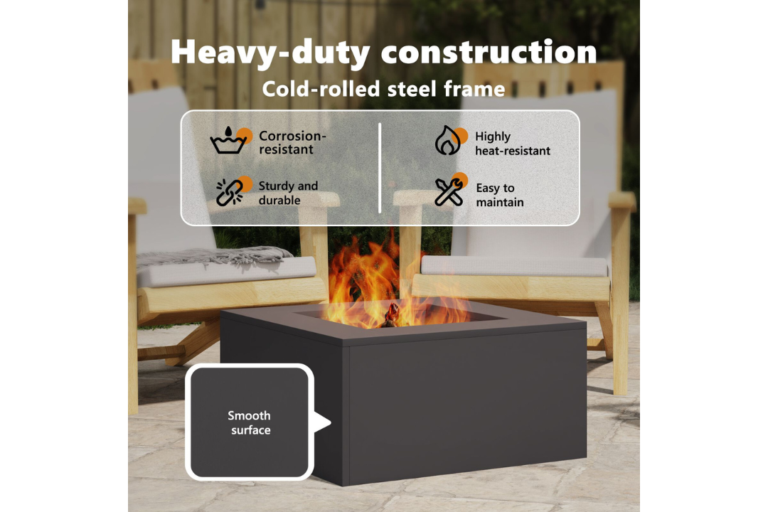 Heavy-Duty Square Fire Pit 60 x 60 x 30 cm in Black Cold-Rolled Steel