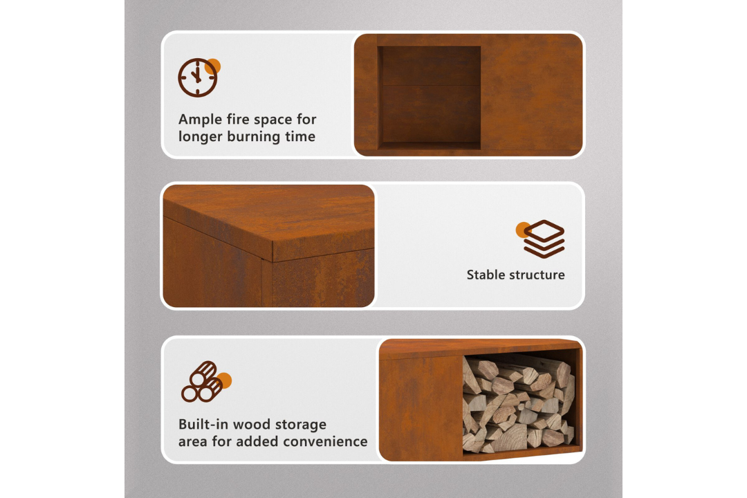 Fire Pit with Log Storage 100 x 100 x 30 cm in Rusty Brown Weathering Steel Features