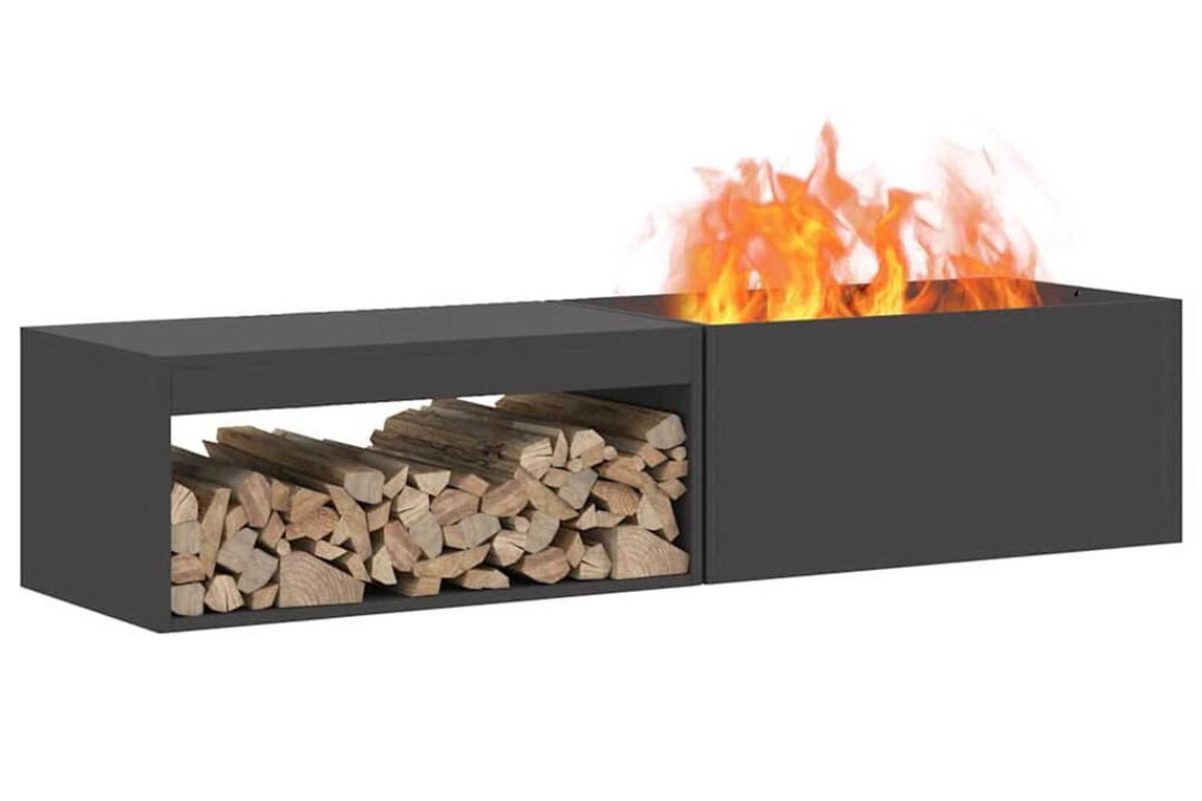 Fire Pit with Log Storage 160 x 45 x 35 cm in Matte Black Cold-Rolled Steel