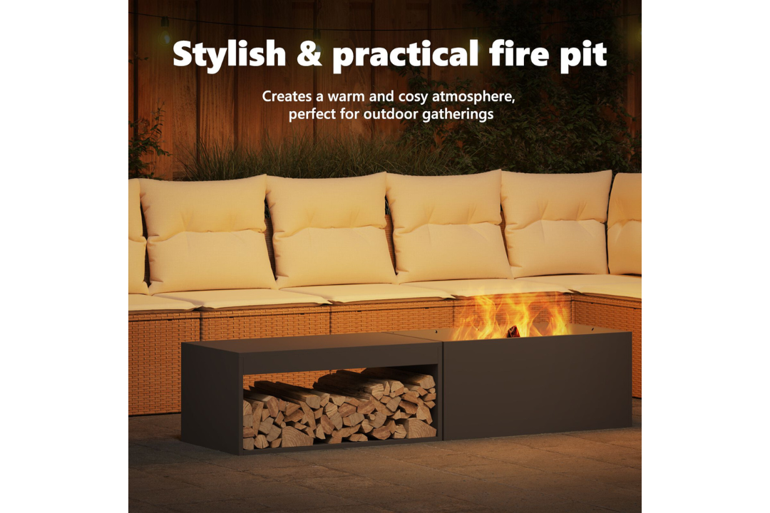 Stylish and Practical Fire Pit with Log Storage 160 x 45 x 35 cm in Black Cold-Rolled Steel