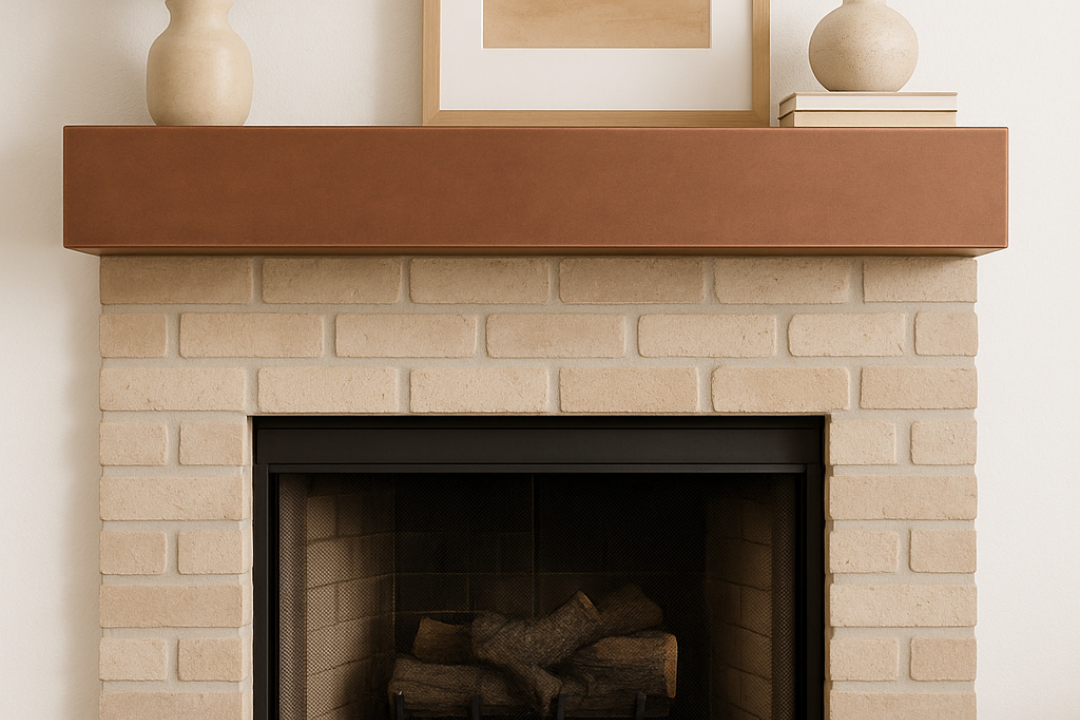 Design Specialties Redwood Steel Hand Crafted Finish Steel Mantel Above Fireplace