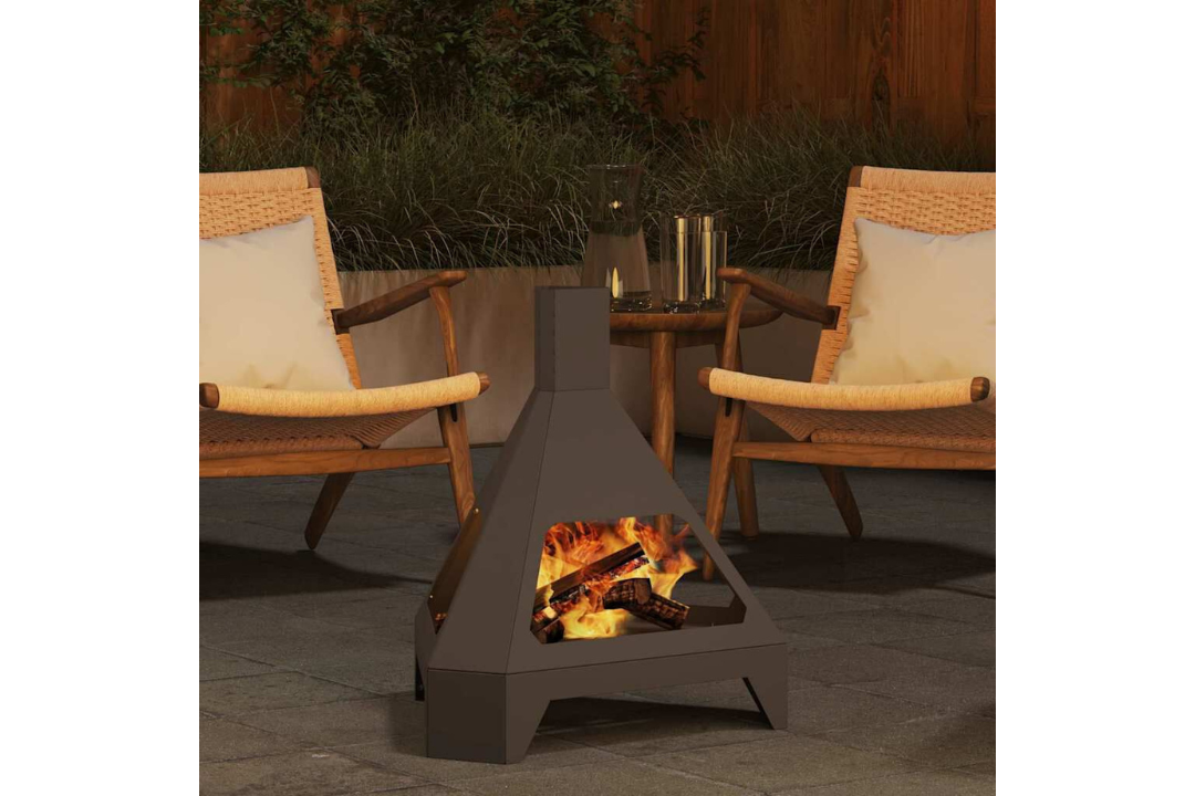 Fire Pit with Chimney 50 x 43 x 52 cm in Matte Black Cold-Rolled Steel in Use at Night
