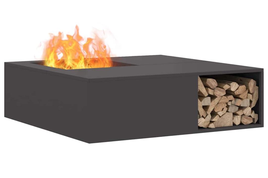 High-Quality Fire Pit with Log Storage 100 x 100 x 30 cm in Black Cold-Rolled Steel