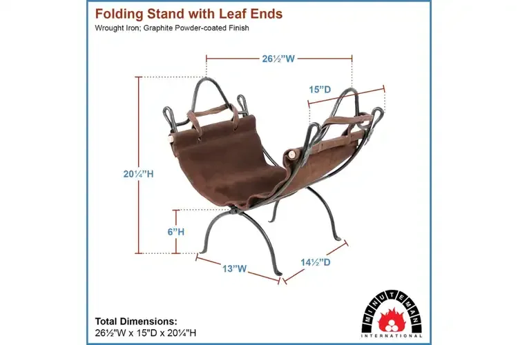Folding Wrought Iron Log Holder with Suede Firewood Carrier – Leaf-End Design Specifications