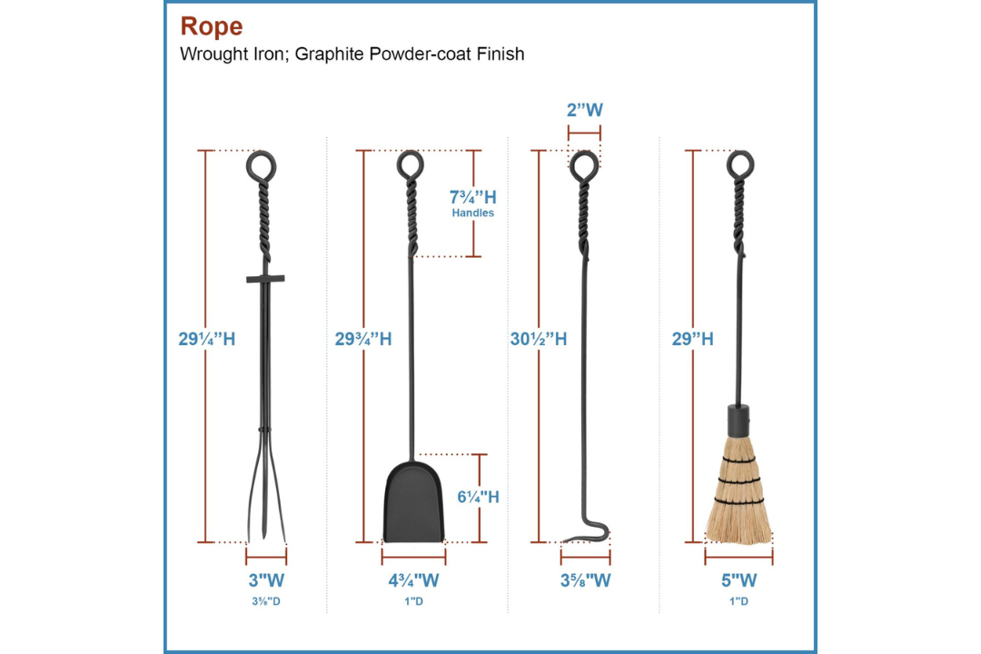 Rope Fireplace Tool Set – 5-Piece Wrought Iron Fire Tool Collection with Twisted Handles and Decorative Stand Detailed Information