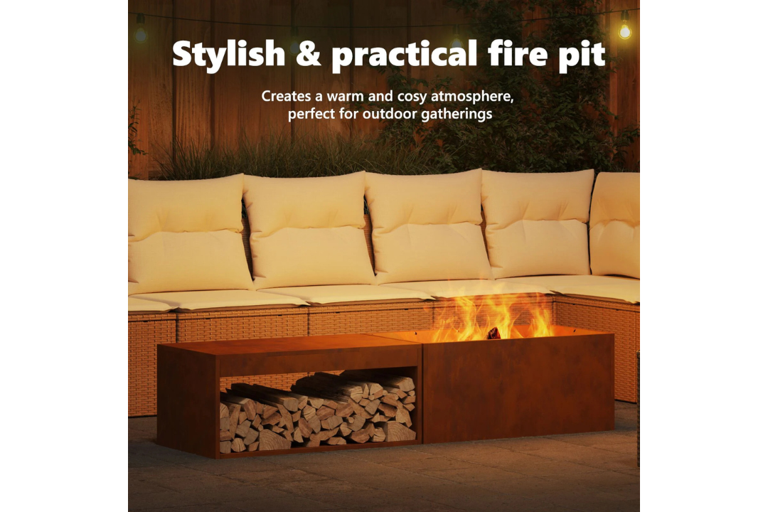 Stylish and Practical Fire Pit with Log Storage 160 x 45 x 35 cm in Rusty Brown Weathering Steel