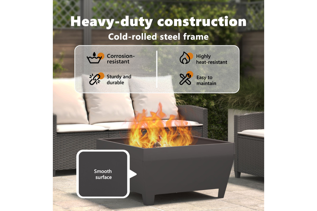 Heavy-Duty Fire Pit Square 80 x 80 x 43 cm Steel in Black Cold-Rolled Steel