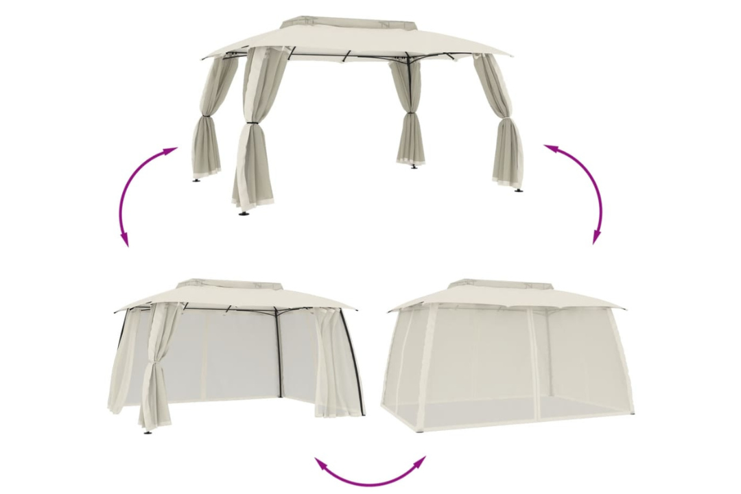 Gazebo with Double Roof & Mesh Walls Cream in 3.93 x 2.93 m with Powder-Coated Steel Frame and 2 Elegant Layer Design