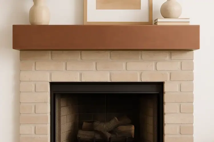 Design Specialties Redwood Steel Hand Crafted Finish Steel Mantel Above Fireplace