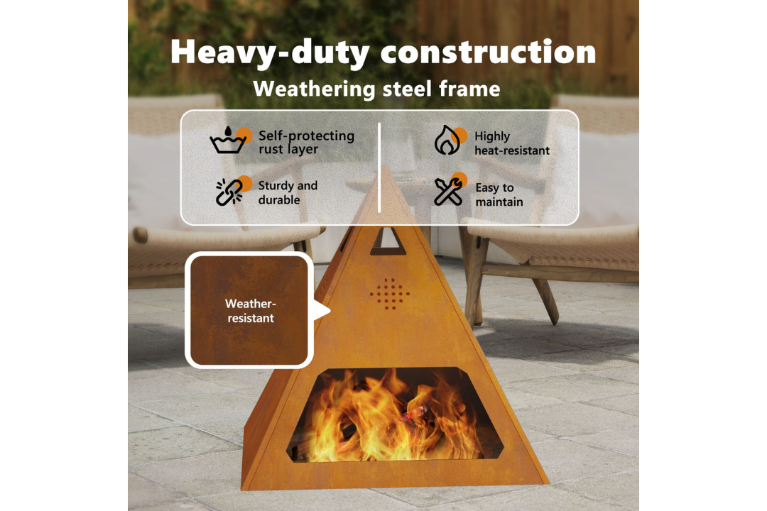 Heavy-Duty Fire Pit Pyramid 50 x 50 x 51 cm in Rusty Brown Weathering Steel