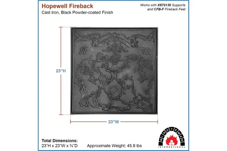 Hopewell Fireback – 23" Cast Iron Fireplace Panel in Matte Black Specifications