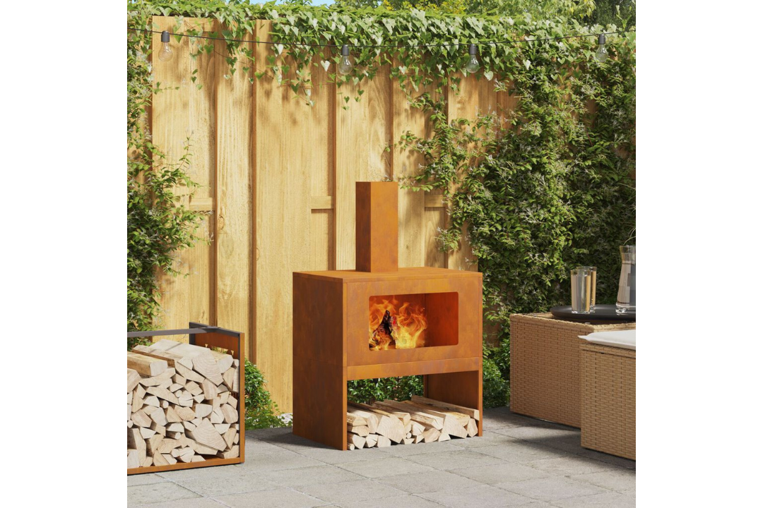 Fire Pit with Chimney 60 x 40 x 96 cm in Rusty Brown Weathering Steel