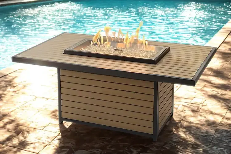 Kenwood and Brooks Light Tan Rectangular Chat Height Gas Fire Pit Table