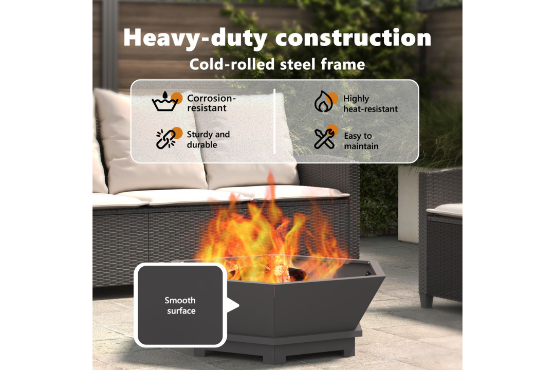 Fire Pit Hexagonal Black Cold-Rolled Steel – Outdoor Wood Burning in 100 x 100 x 28 cm Features