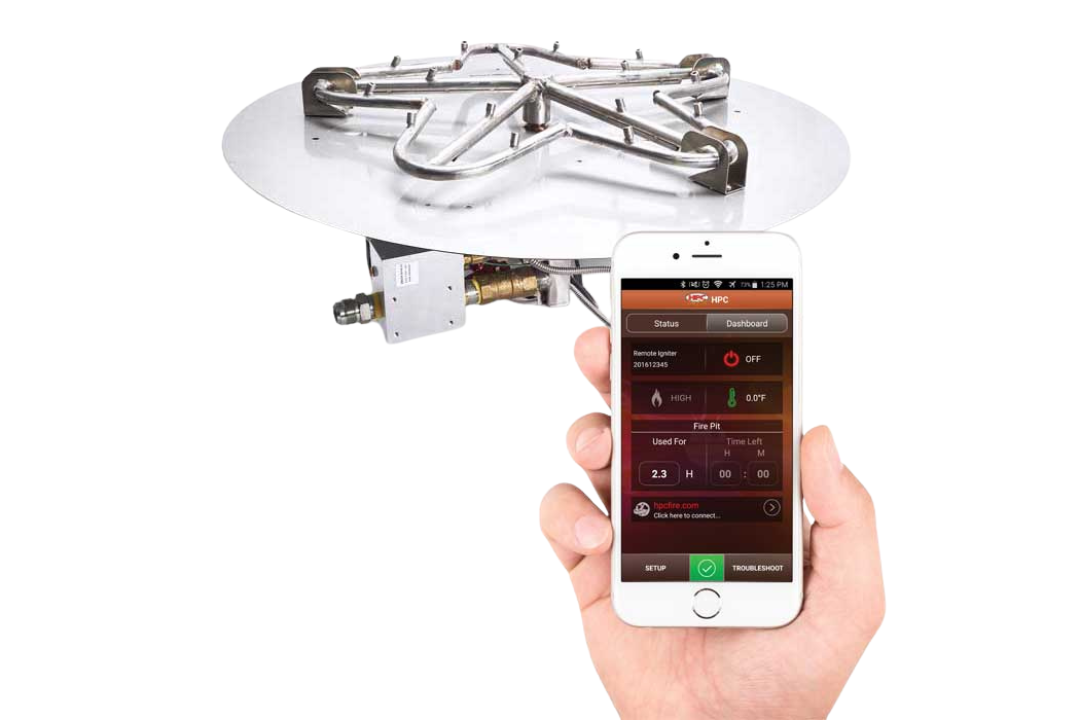 HPC Round Flat Fire Pit Insert Electronic Ignition High Low Bluetooth App Torpedo Burner