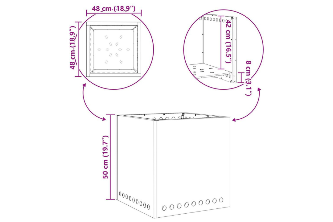 Smokeless Fire Pit Square 48 x 48 x 50 cm in Black Cold-Rolled Steel Specifications