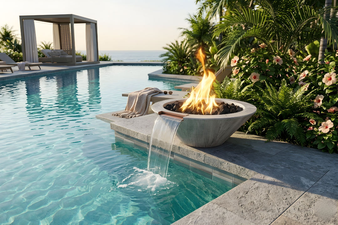 The Outdoor Plus 24" Cazo Fire & Water Bowl – Wood Grain Concrete